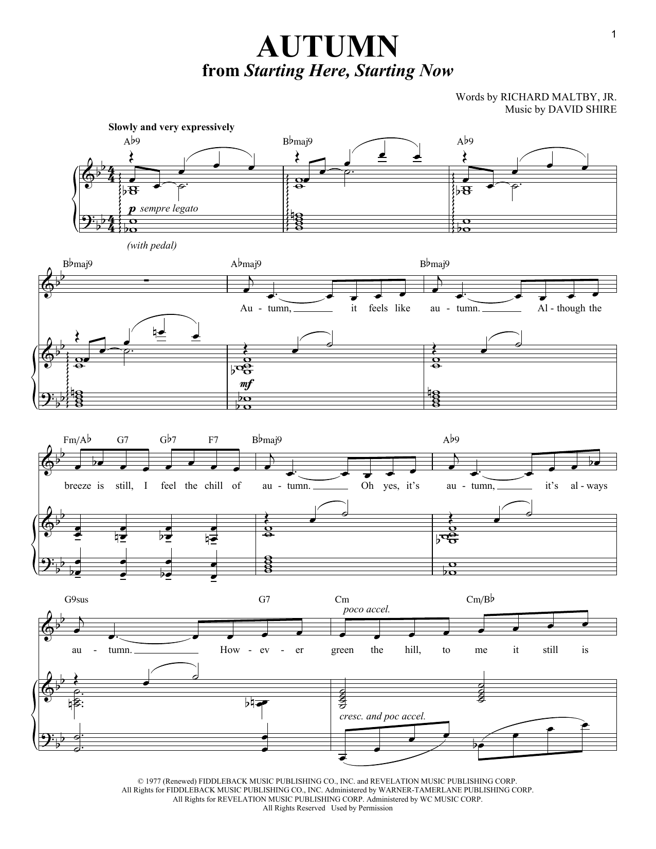 Richard Maltby Jr. and David Shire Autumn (from Starting Here, Starting Now) sheet music notes and chords arranged for Piano & Vocal