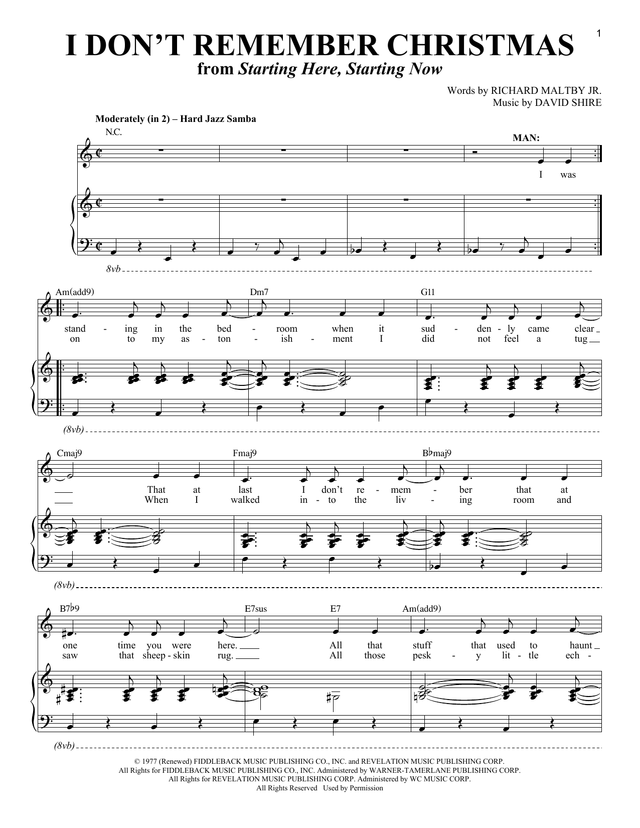 Richard Maltby Jr. and David Shire I Don't Remember Christmas (from Starting Here, Starting Now) sheet music notes and chords arranged for Piano & Vocal