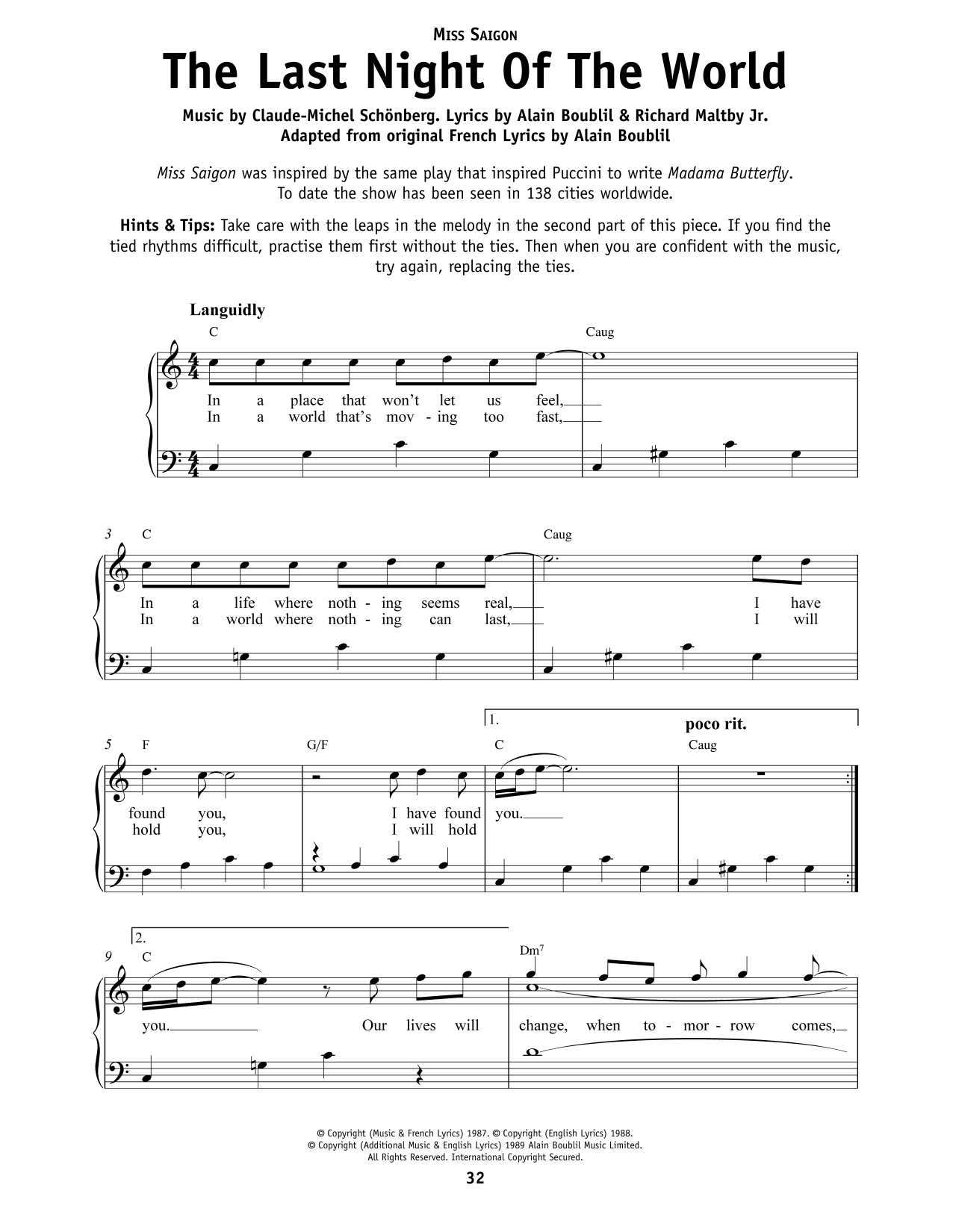 Richard Maltby Jr. The Last Night Of The World (from Miss Saigon) sheet music notes and chords arranged for Really Easy Piano