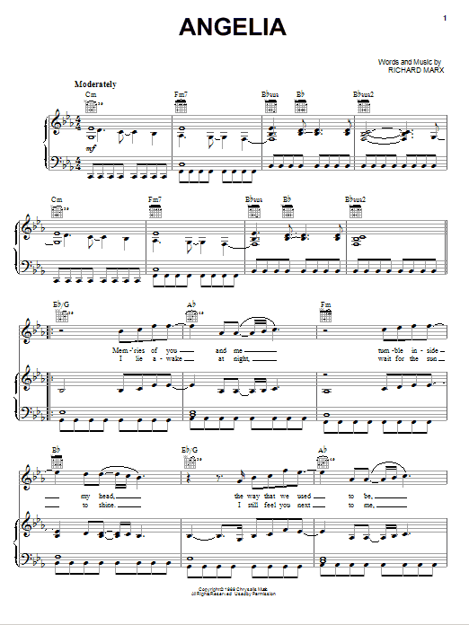 Richard Marx Angelia sheet music notes and chords arranged for Piano, Vocal & Guitar Chords (Right-Hand Melody)