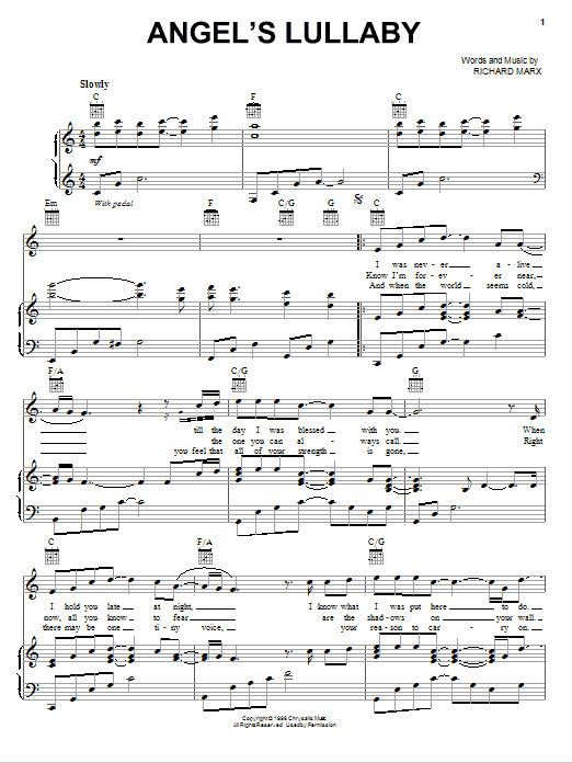Richard Marx Angel's Lullaby sheet music notes and chords arranged for Piano, Vocal & Guitar Chords (Right-Hand Melody)