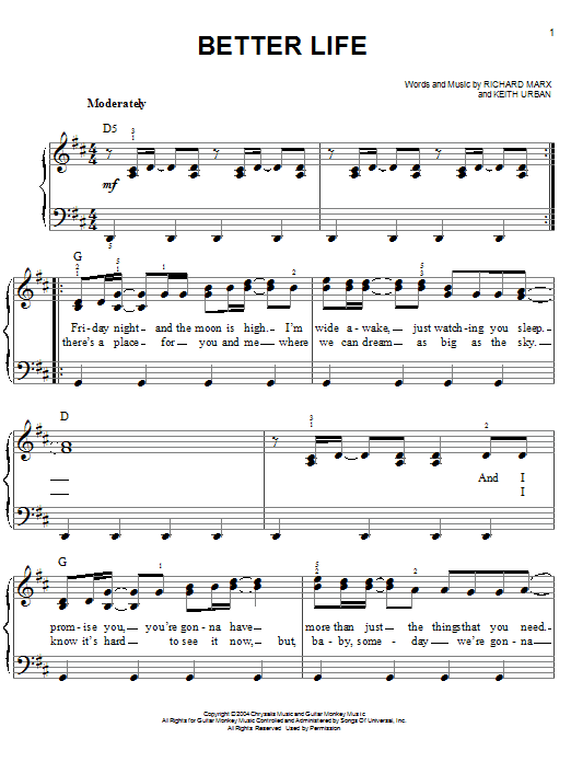 Richard Marx Better Life sheet music notes and chords arranged for Easy Piano