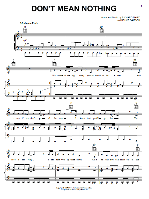 Richard Marx Don't Mean Nothing sheet music notes and chords arranged for Piano, Vocal & Guitar Chords (Right-Hand Melody)