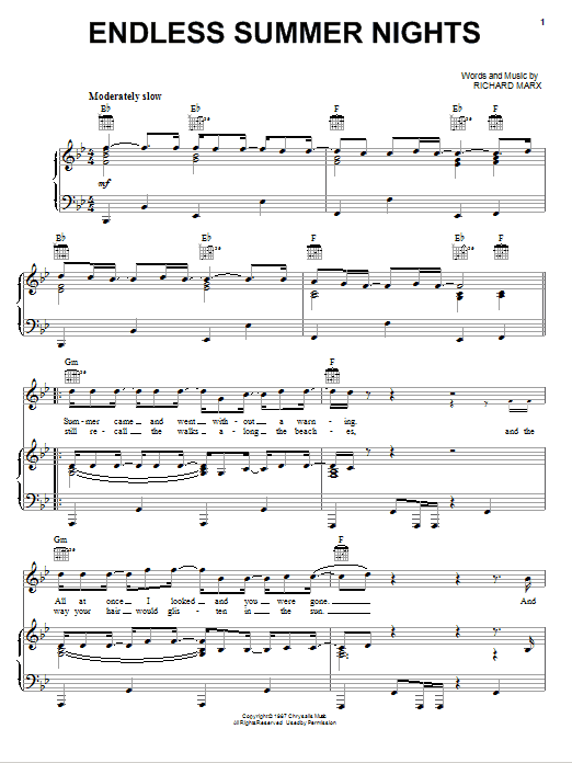 Richard Marx Endless Summer Nights sheet music notes and chords arranged for Easy Piano