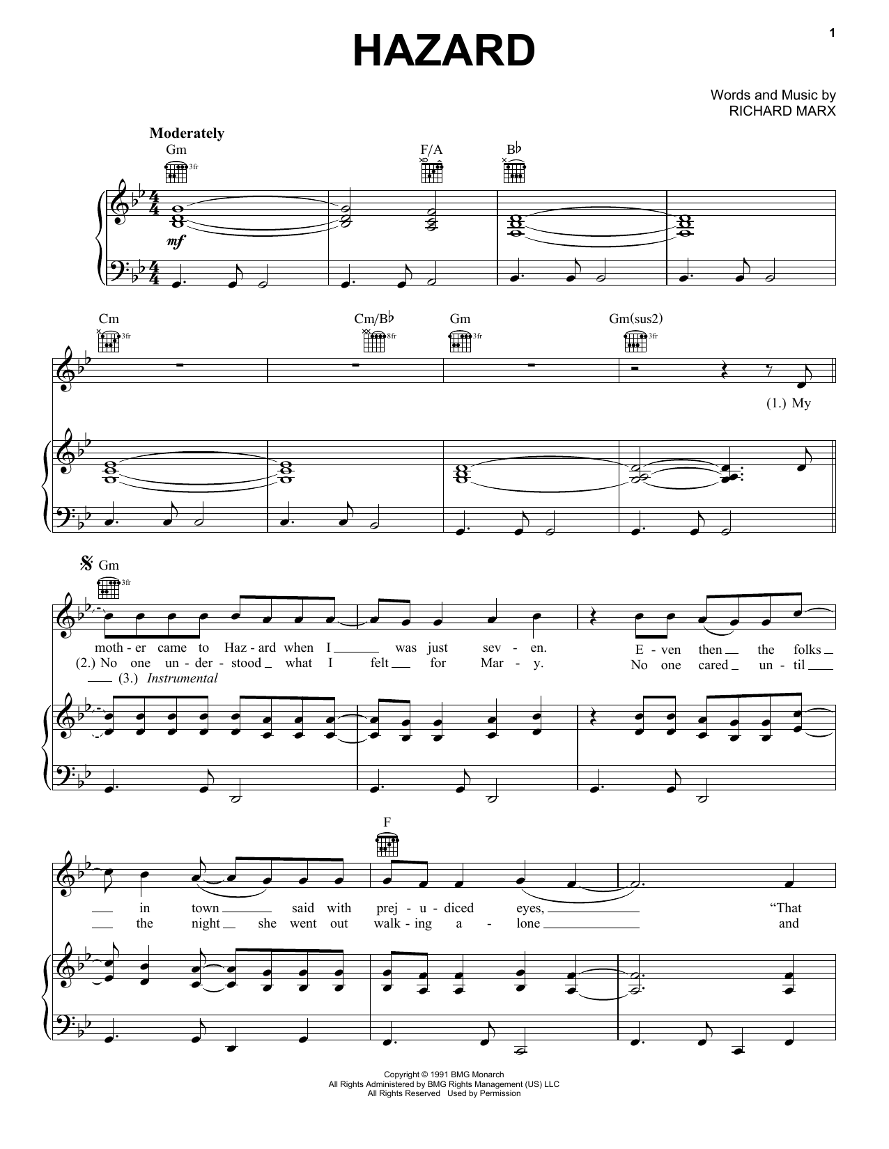 Richard Marx Hazard sheet music notes and chords arranged for Easy Piano