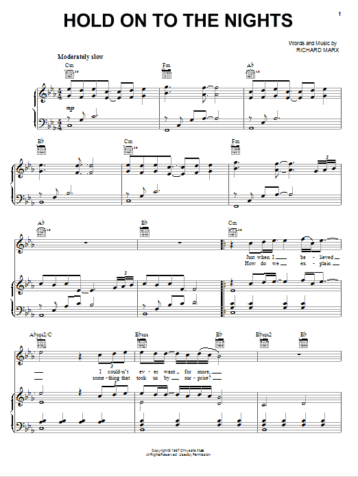 Richard Marx Hold On To The Nights sheet music notes and chords arranged for Easy Piano