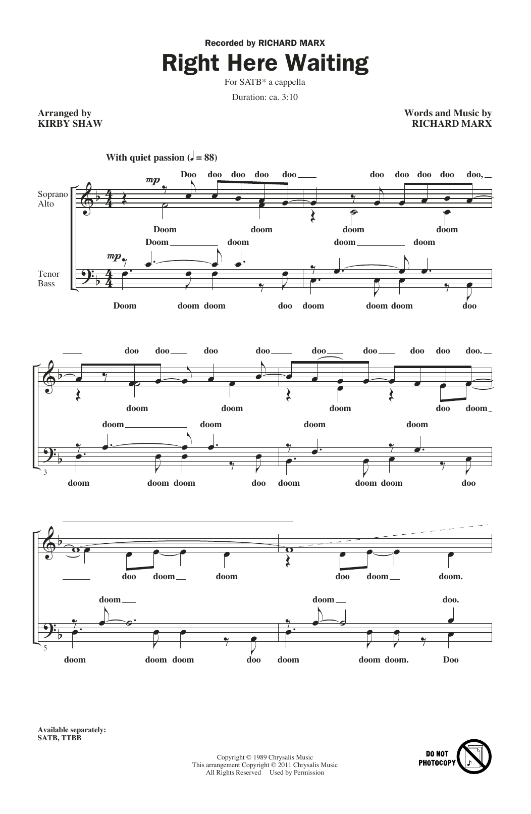Richard Marx Right Here Waiting (arr. Kirby Shaw) sheet music notes and chords arranged for TTBB Choir