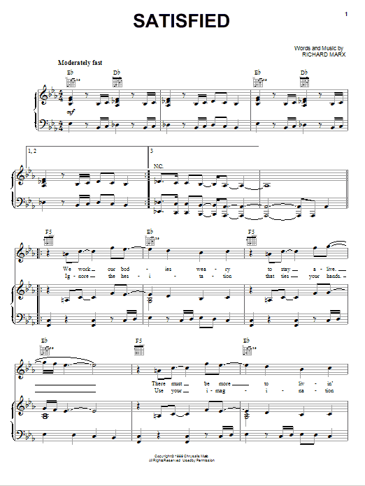 Richard Marx Satisfied sheet music notes and chords arranged for Piano, Vocal & Guitar Chords (Right-Hand Melody)