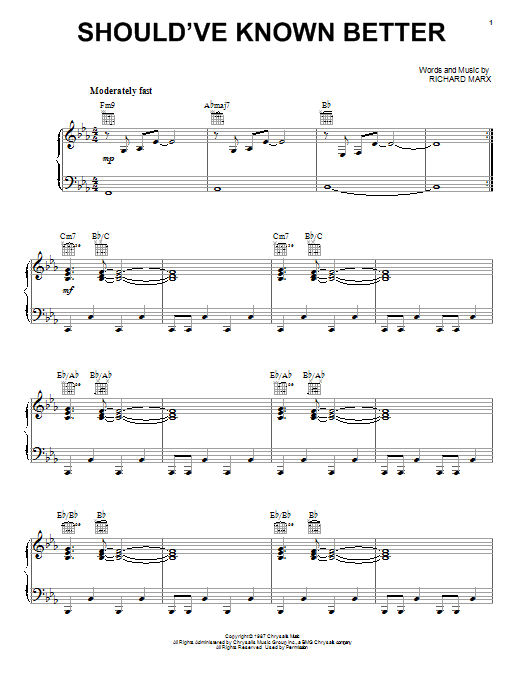 Richard Marx Should've Known Better sheet music notes and chords arranged for Piano, Vocal & Guitar Chords (Right-Hand Melody)