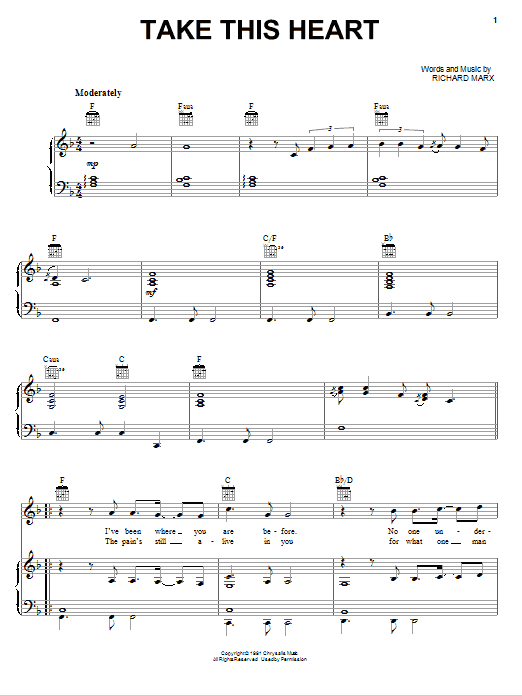 Richard Marx Take This Heart sheet music notes and chords arranged for Piano, Vocal & Guitar Chords (Right-Hand Melody)