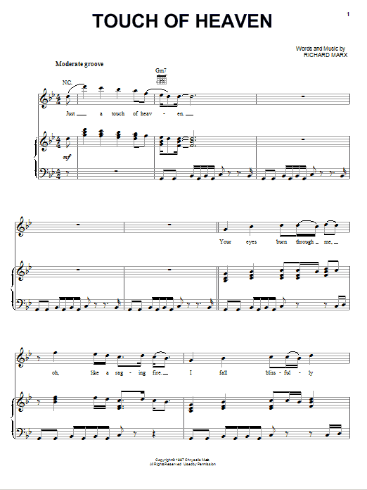 Richard Marx Touch Of Heaven sheet music notes and chords arranged for Piano, Vocal & Guitar Chords (Right-Hand Melody)