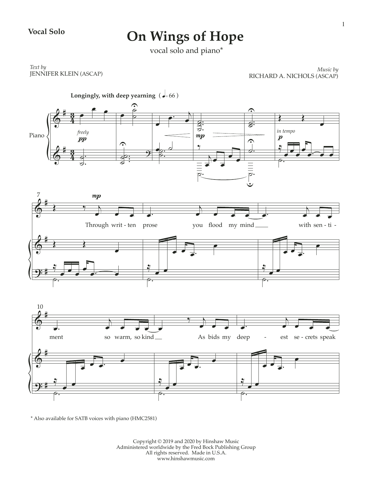 Richard Nichols On Wings of Hope sheet music notes and chords arranged for Piano & Vocal