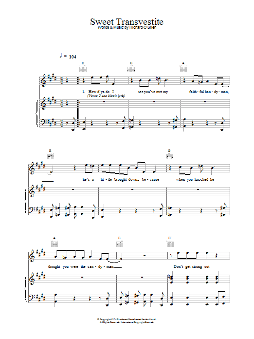 Richard O Brien Sweet Transvestite sheet music notes and chords arranged for Piano, Vocal & Guitar Chords