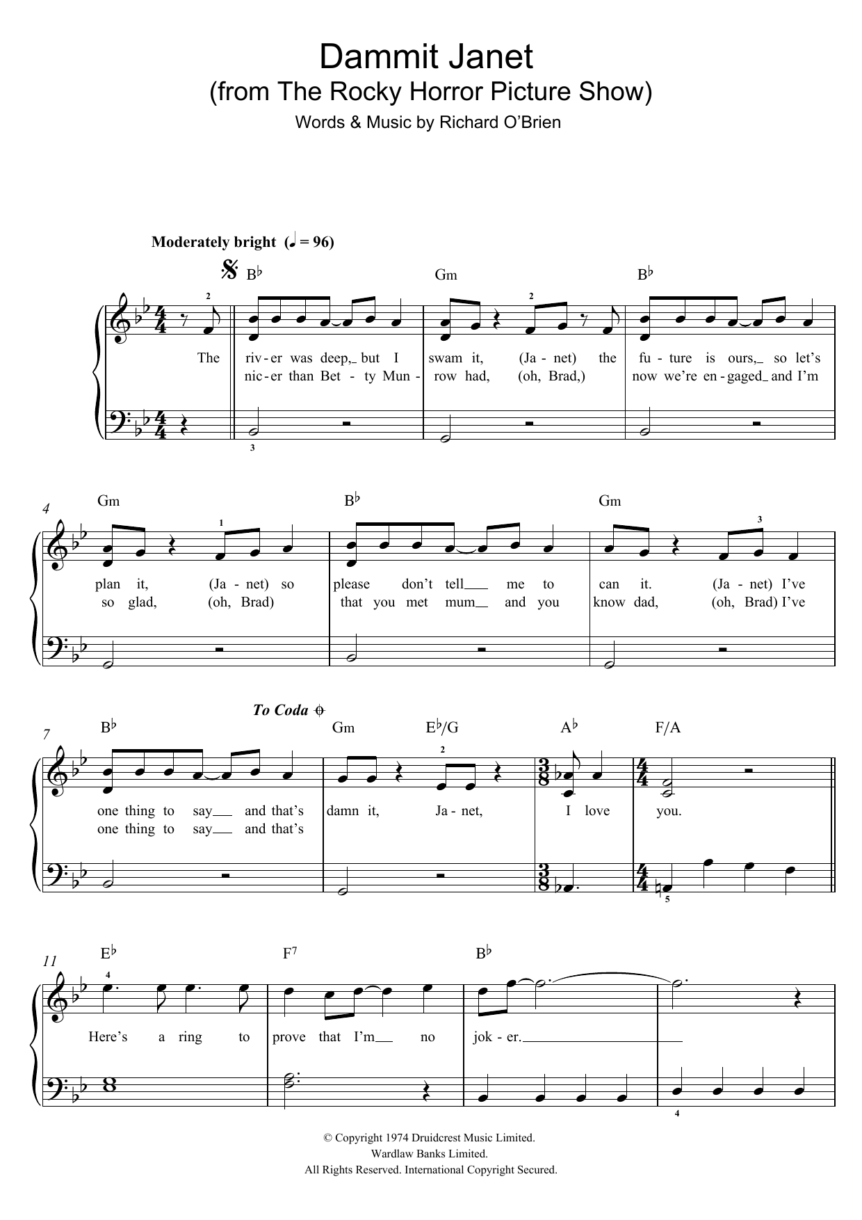 Richard O'Brien Dammit Janet (from The Rocky Horror Picture Show) sheet music notes and chords arranged for Easy Piano