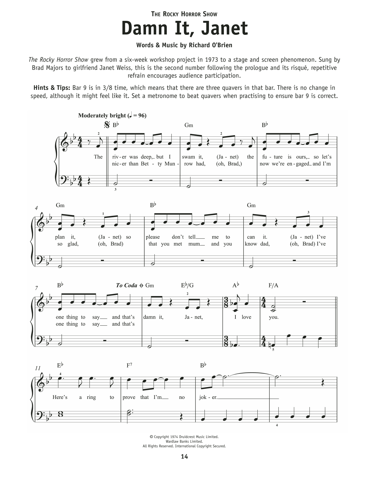 Richard O'Brien Damn It, Janet (from The Rocky Horror Picture Show) sheet music notes and chords arranged for Really Easy Piano