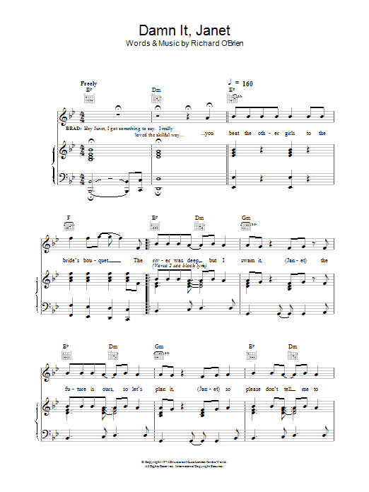 Richard O'Brien Damn It, Janet sheet music notes and chords arranged for Piano, Vocal & Guitar Chords (Right-Hand Melody)