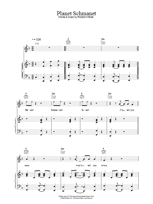Richard O'Brien Planet Schmanet Janet sheet music notes and chords arranged for Piano, Vocal & Guitar Chords
