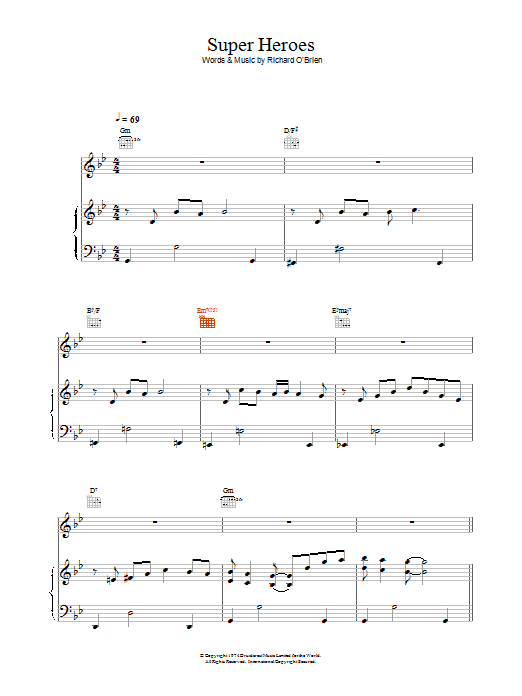 Richard O'Brien Super Heroes sheet music notes and chords arranged for Piano, Vocal & Guitar Chords