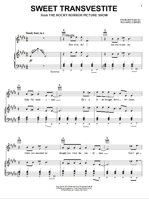 Richard O'Brien Sweet Transvestite sheet music notes and chords arranged for Piano, Vocal & Guitar Chords (Right-Hand Melody)