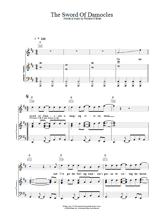 Richard O'Brien The Sword Of Damocles sheet music notes and chords arranged for Piano, Vocal & Guitar Chords