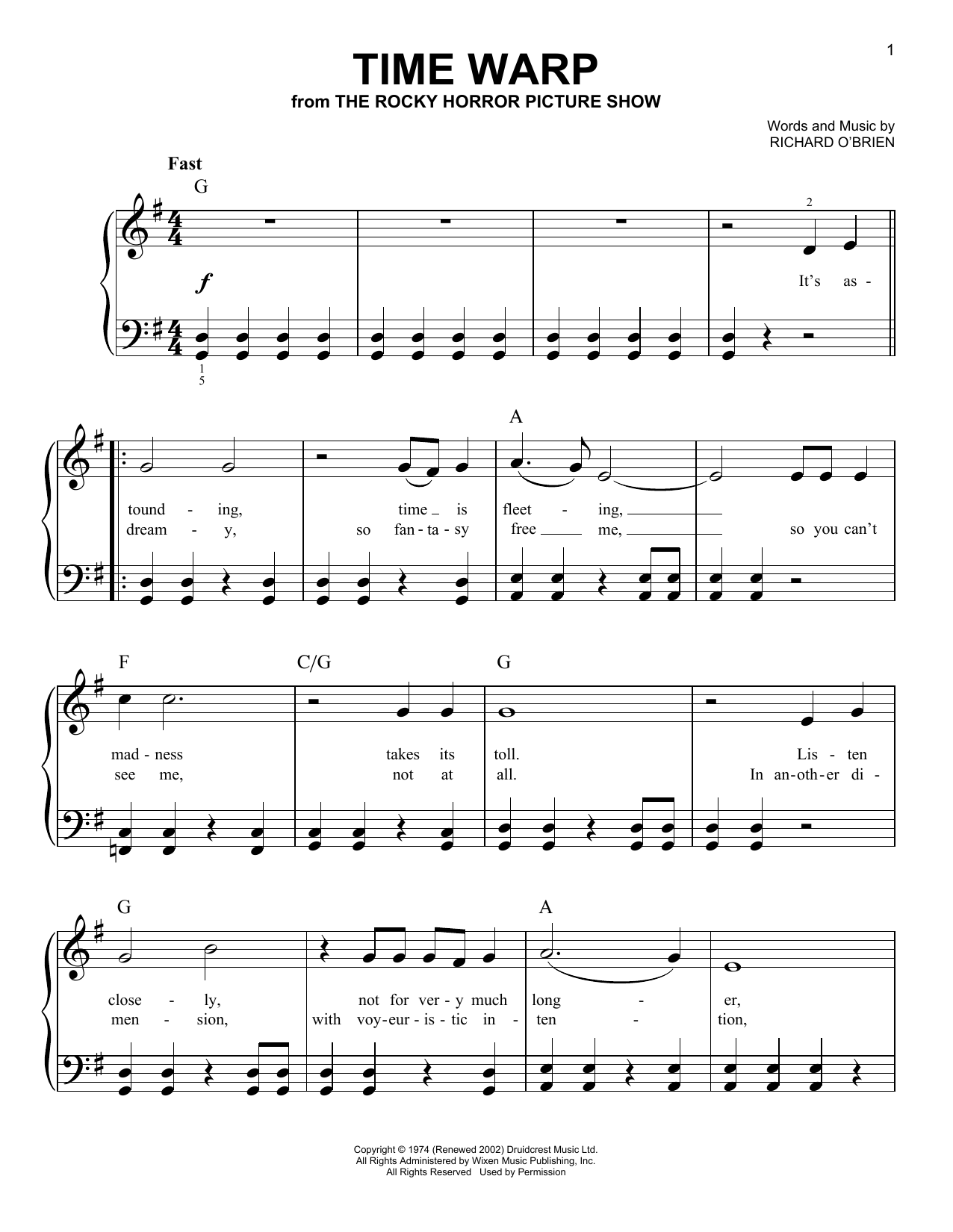 Richard O'Brien Time Warp (from The Rocky Horror Picture Show) sheet music notes and chords arranged for Very Easy Piano