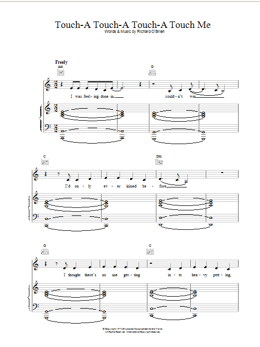 Richard O'Brien Touch-A, Touch-A, Touch-A, Touch Me sheet music notes and chords arranged for Piano, Vocal & Guitar Chords