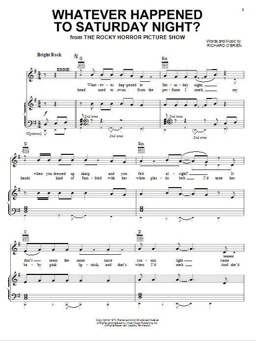 Richard O'Brien Whatever Happened To Saturday Night? sheet music notes and chords arranged for Piano, Vocal & Guitar Chords (Right-Hand Melody)