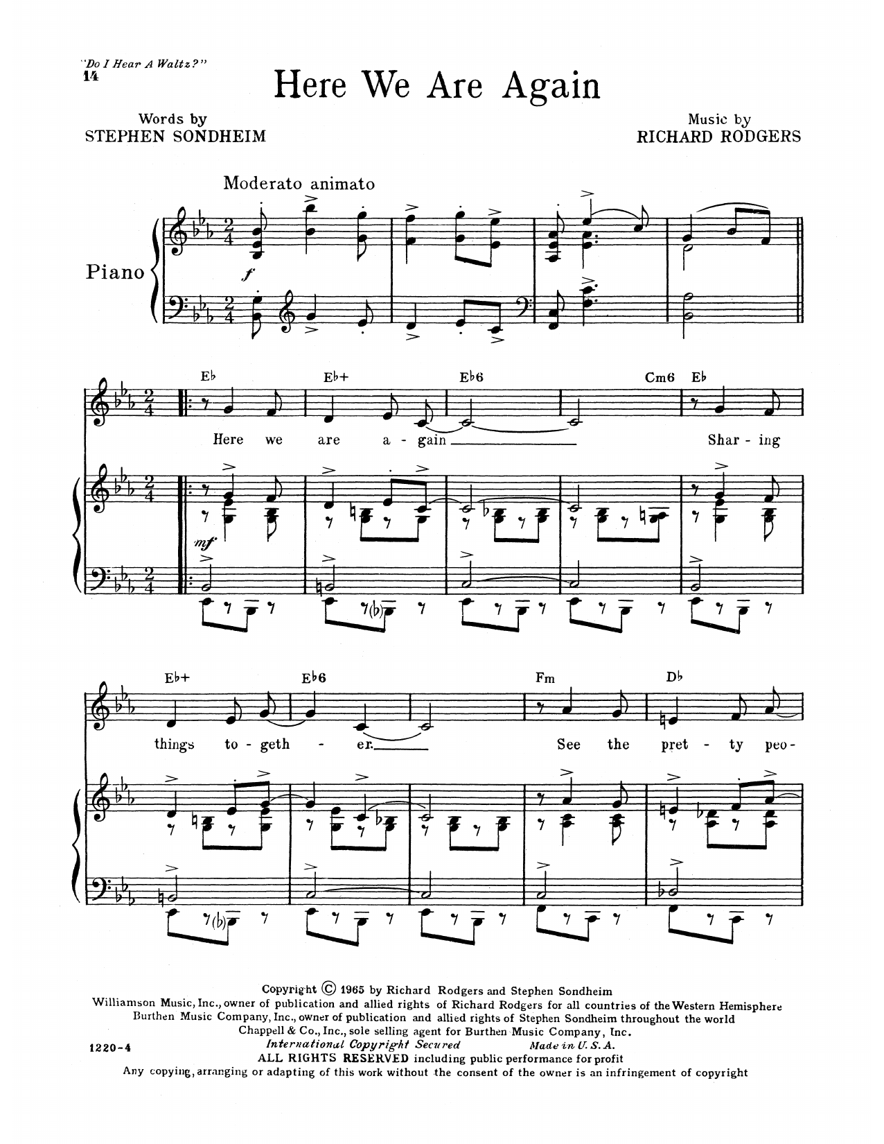 Richard Rodgers & Stephen Sondheim Here We Are Again (from Do I Hear A Waltz?) sheet music notes and chords arranged for Piano, Vocal & Guitar Chords (Right-Hand Melody)