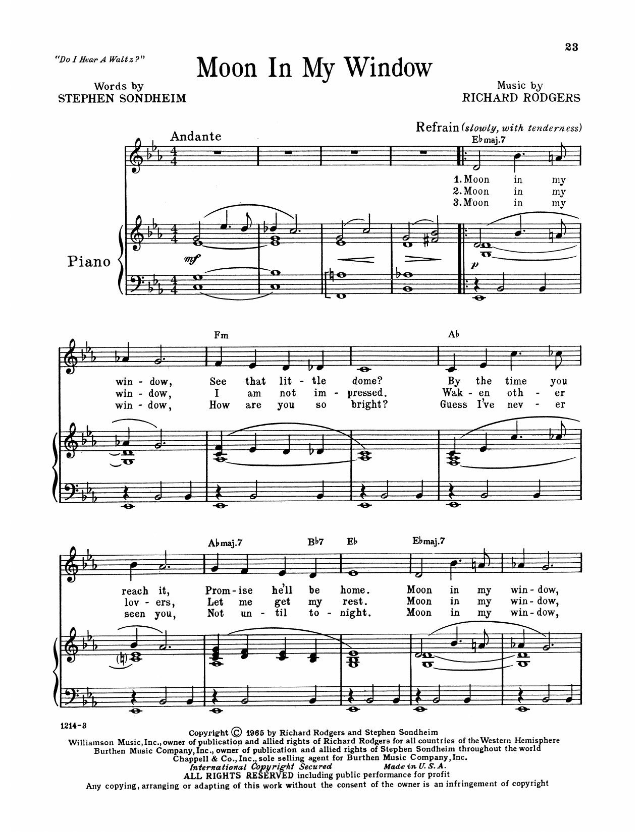 Richard Rodgers & Stephen Sondheim Moon In My Window (from Do I Hear A Waltz?) sheet music notes and chords arranged for Piano, Vocal & Guitar Chords (Right-Hand Melody)