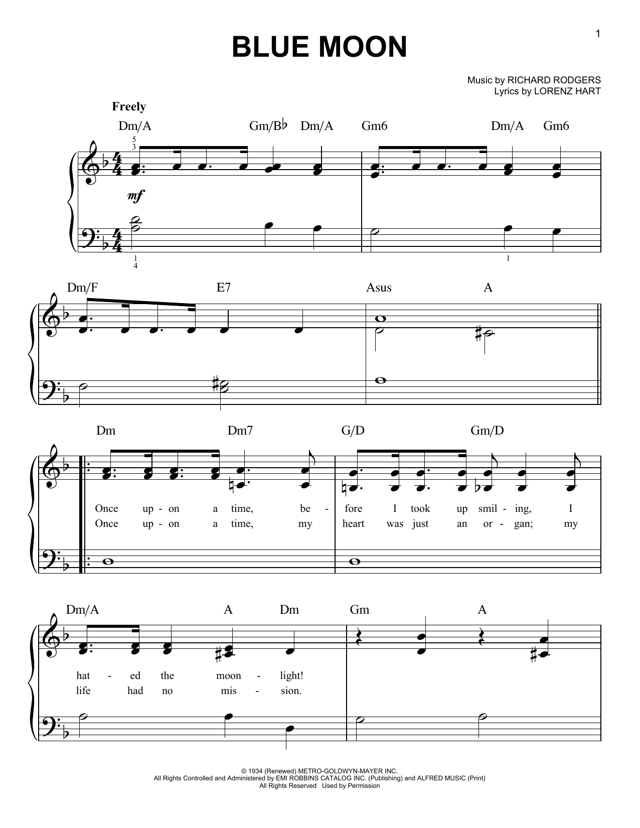 Richard Rodgers Blue Moon sheet music notes and chords arranged for Easy Piano