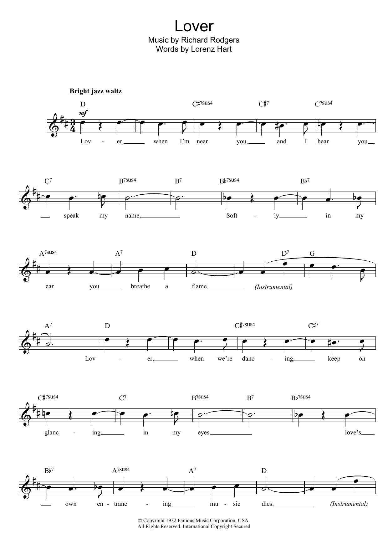 Richard Rodgers Lover sheet music notes and chords arranged for Piano Chords/Lyrics