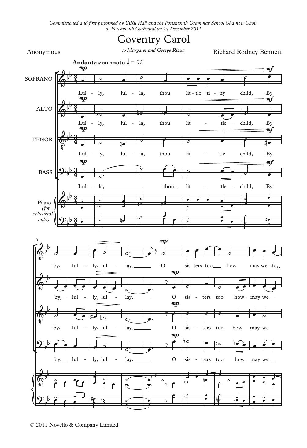 Richard Rodney Bennett Coventry Carol sheet music notes and chords arranged for SATB Choir