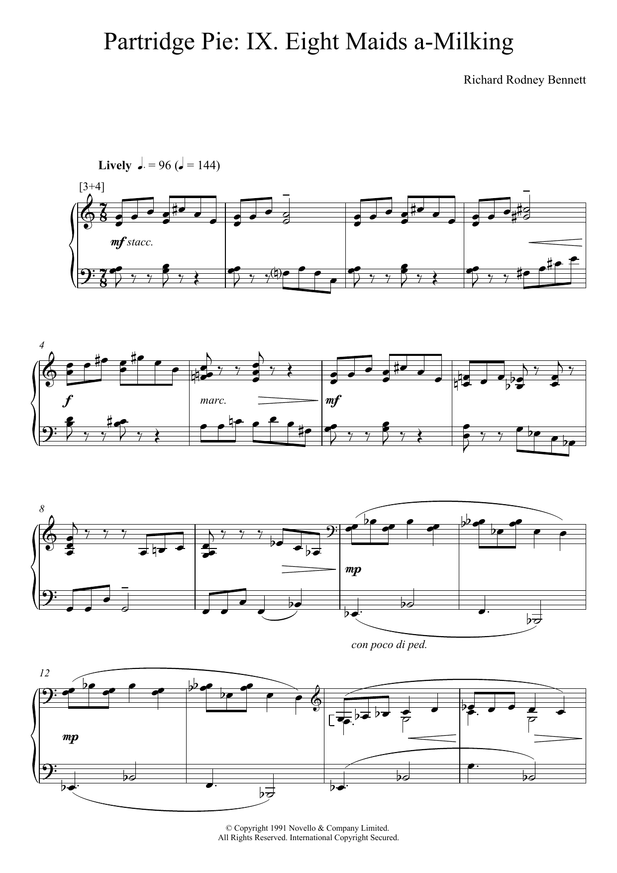 Richard Rodney Bennett Eight Maids A-Milking (from Partridge Pie) sheet music notes and chords arranged for Piano Solo
