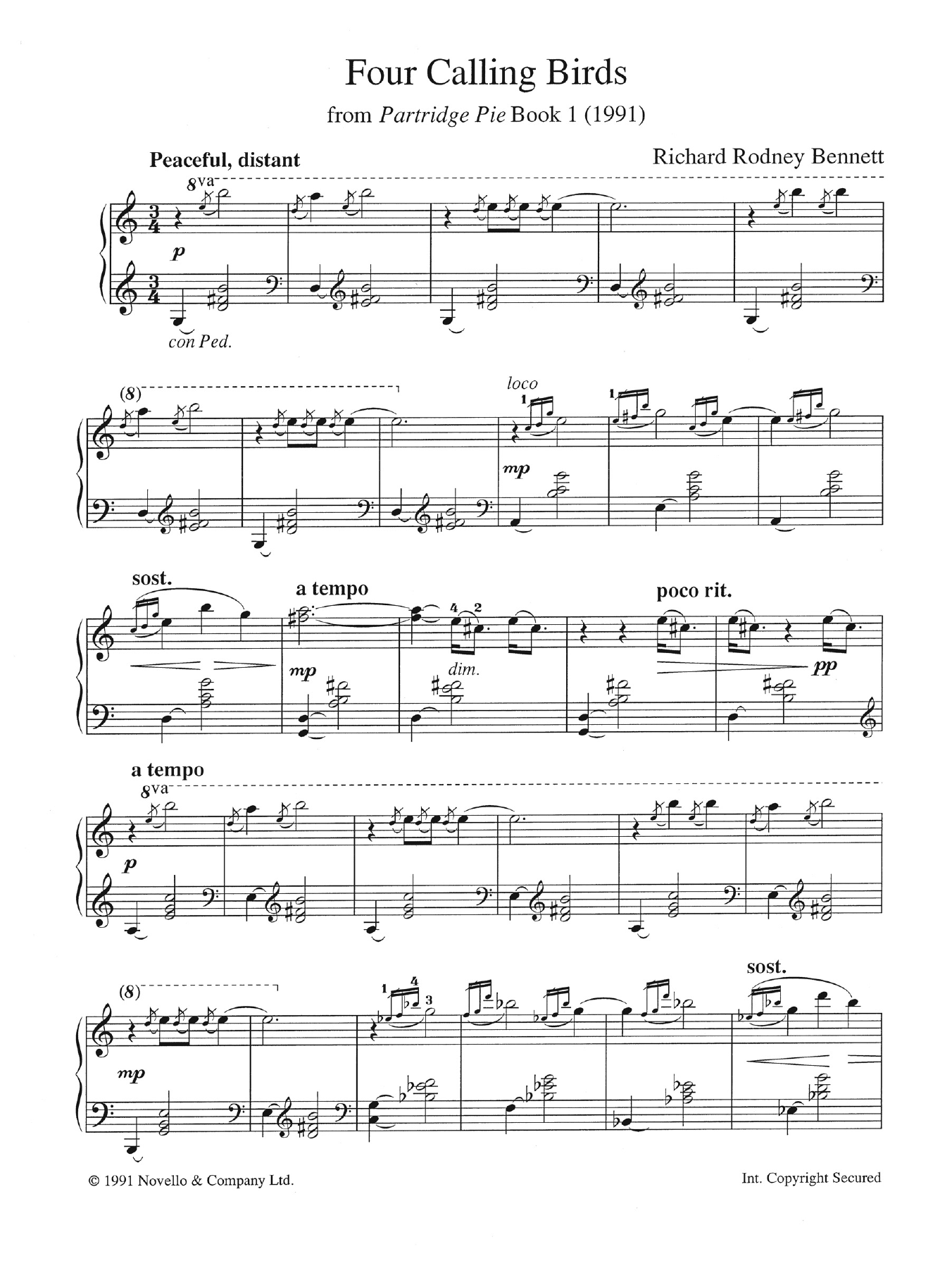 Richard Rodney Bennett Four Calling Birds (from Partridge Pie Book 1) sheet music notes and chords arranged for Piano Solo
