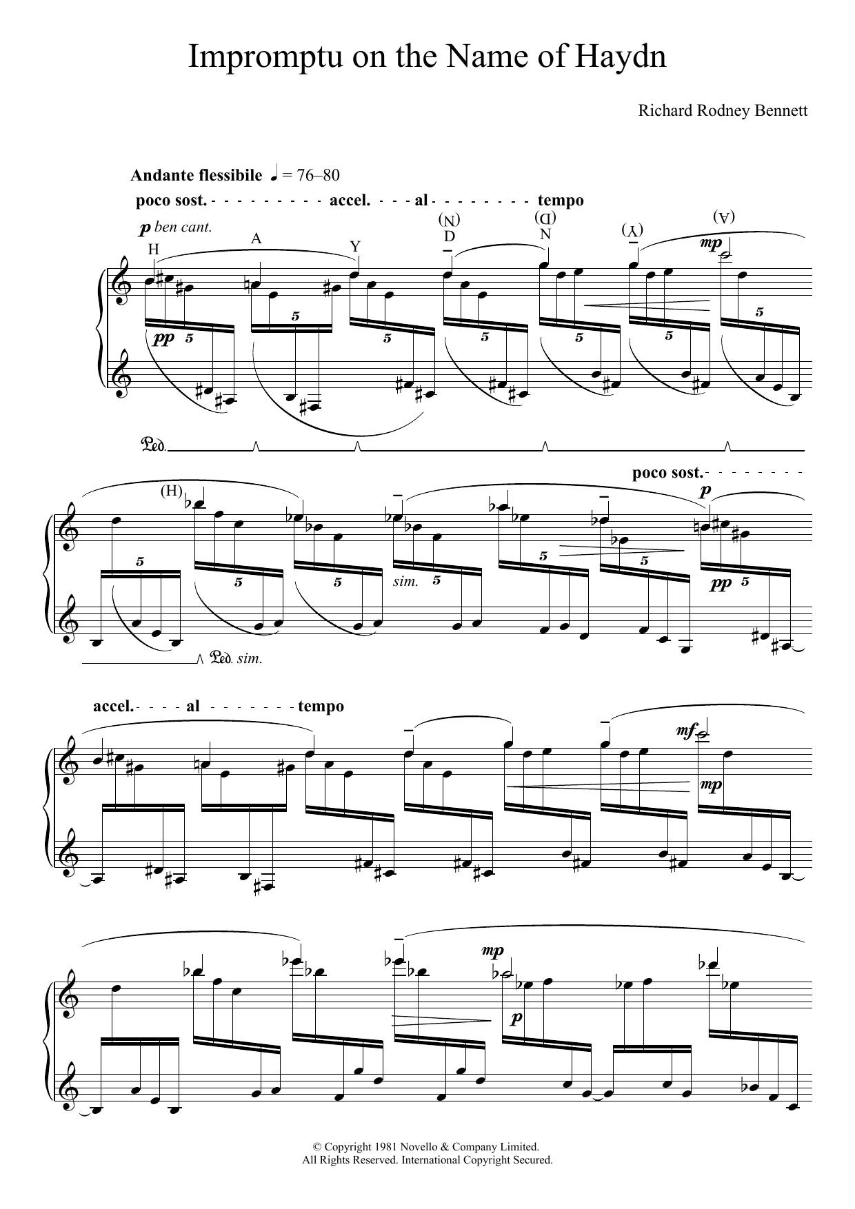 Richard Rodney Bennett Impromptu On The Name Of Haydn sheet music notes and chords arranged for Piano Solo