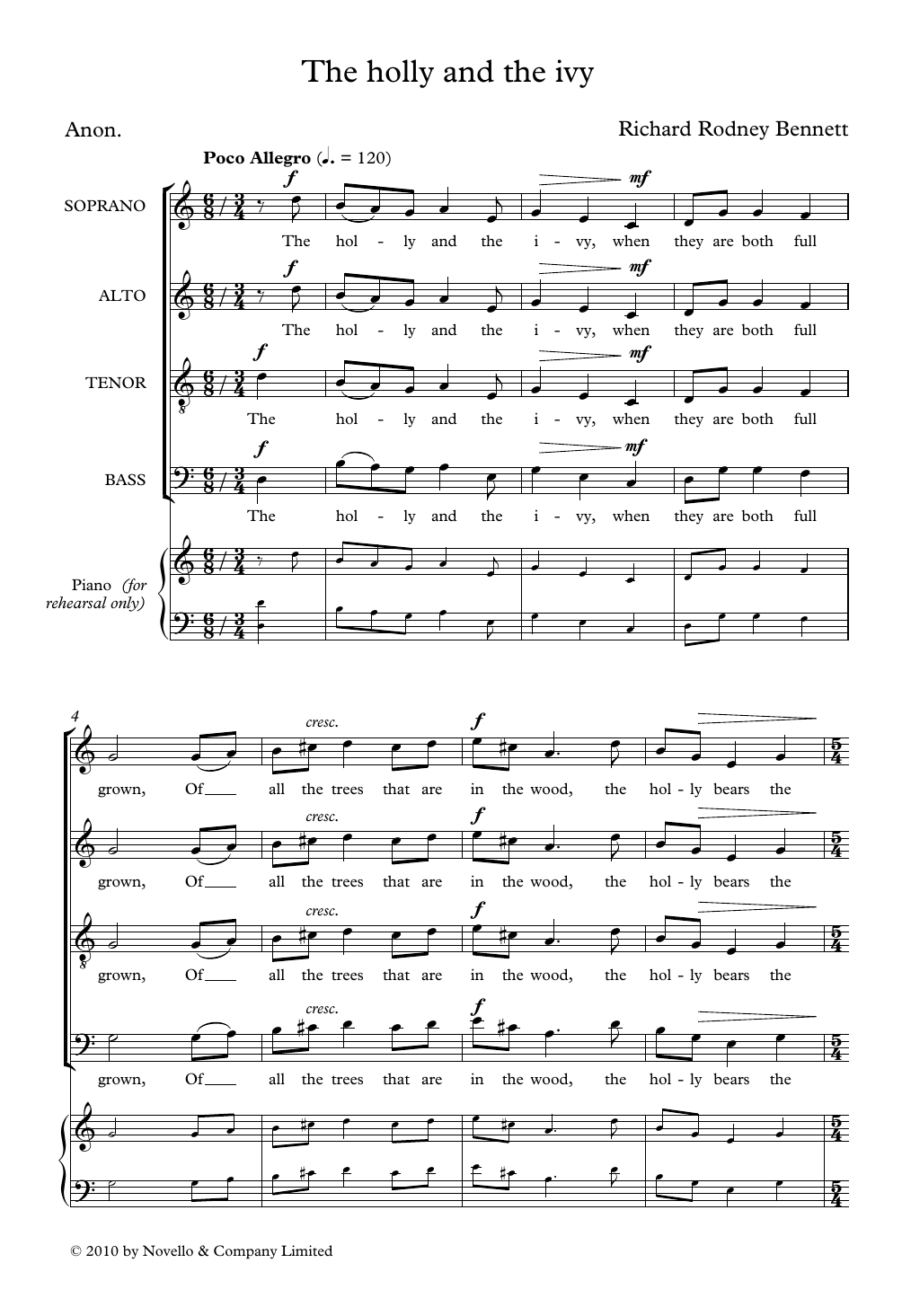 Richard Rodney Bennett The Holly And The Ivy sheet music notes and chords arranged for SATB Choir