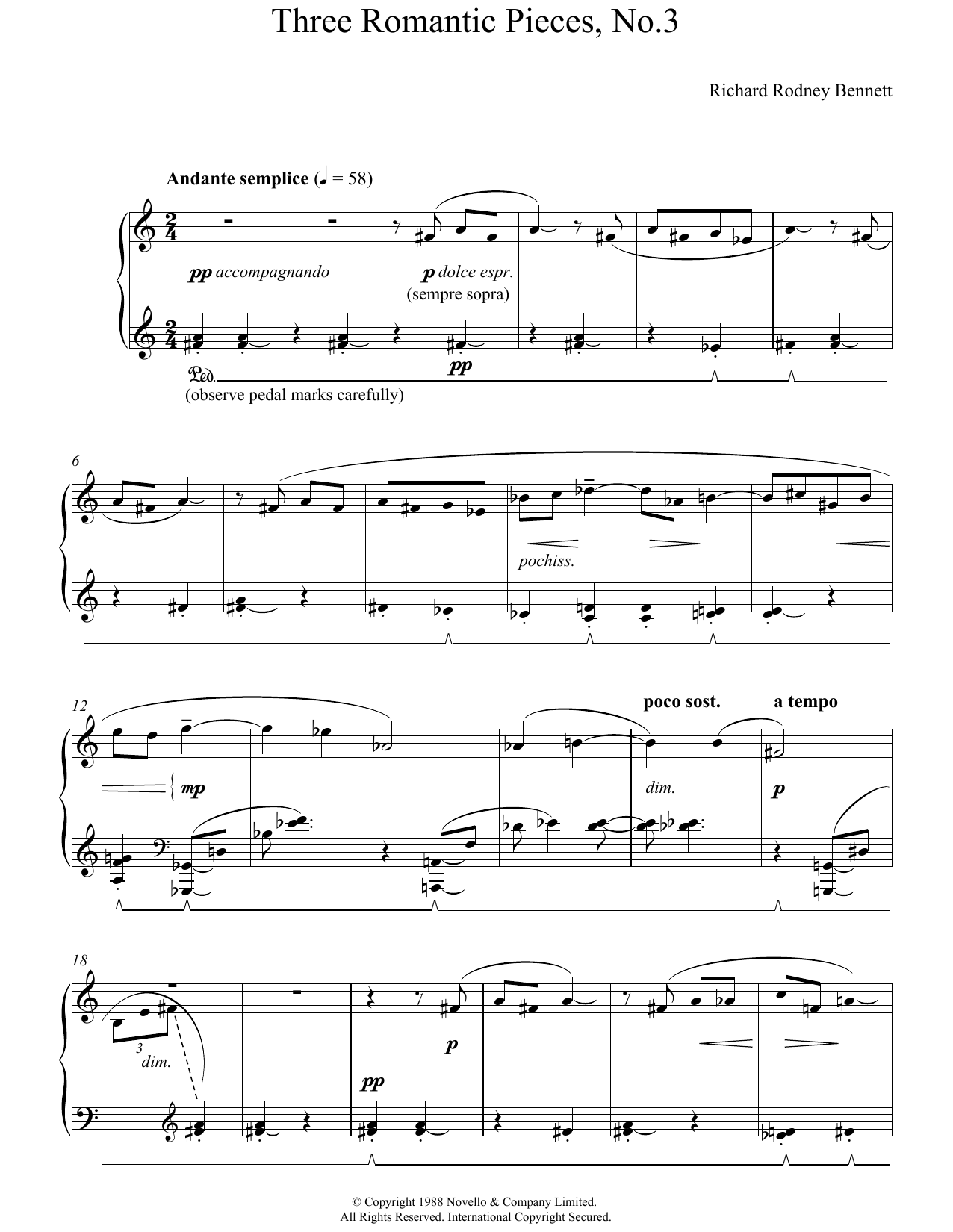 Richard Rodney Bennett Three Romantic Pieces, No.3 sheet music notes and chords arranged for Piano Solo