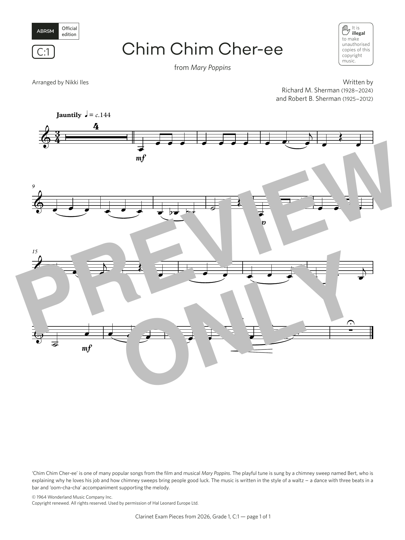 Richard Sherman & Robert Sherman Chim Chim Cher-ee (Grade 1, list C1, from the ABRSM Clarinet Syllabus from 2026) sheet music notes and chords arranged for Clarinet Solo
