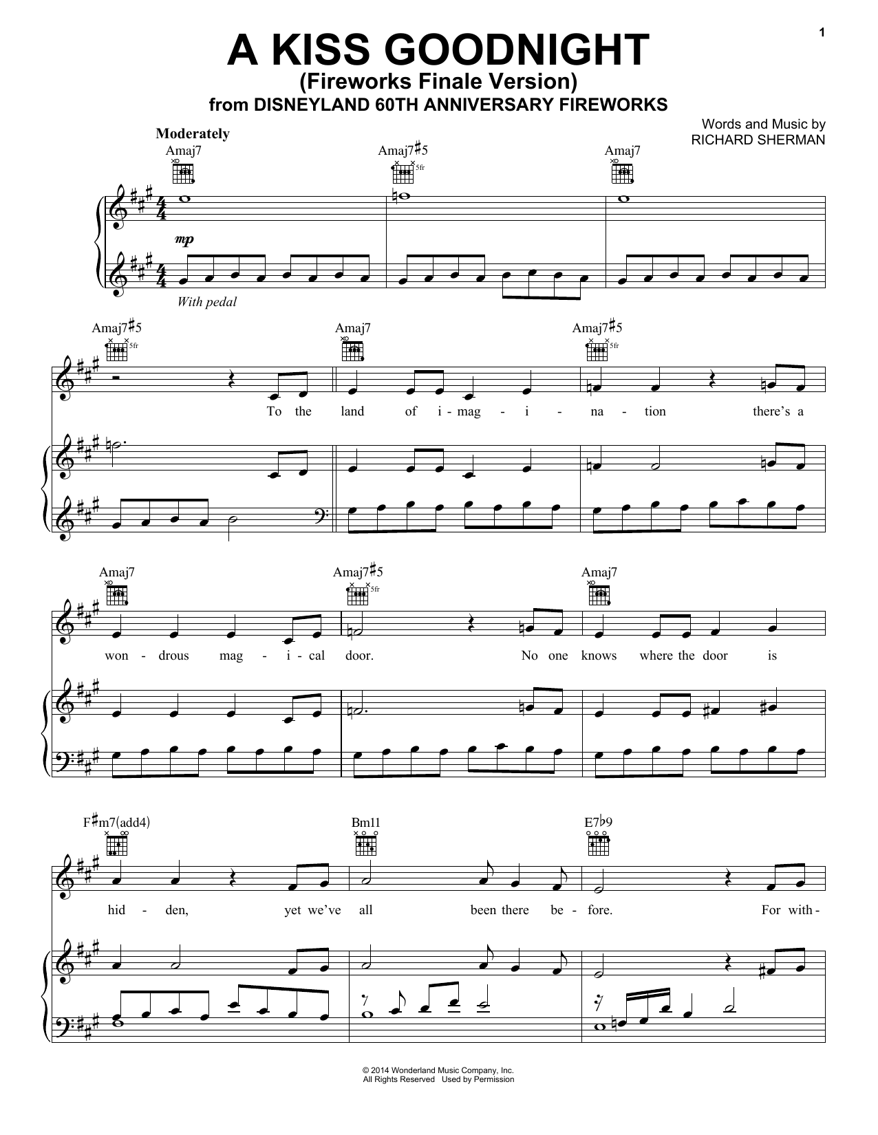 Richard Sherman A Kiss Goodnight sheet music notes and chords arranged for Piano, Vocal & Guitar Chords (Right-Hand Melody)