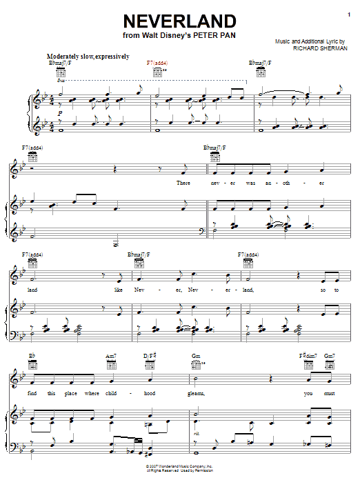 Richard Sherman Neverland sheet music notes and chords arranged for Piano, Vocal & Guitar Chords (Right-Hand Melody)