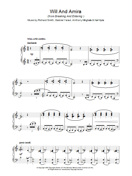 Richard Smith Will And Amira (from Breaking And Entering) sheet music notes and chords arranged for Piano Solo