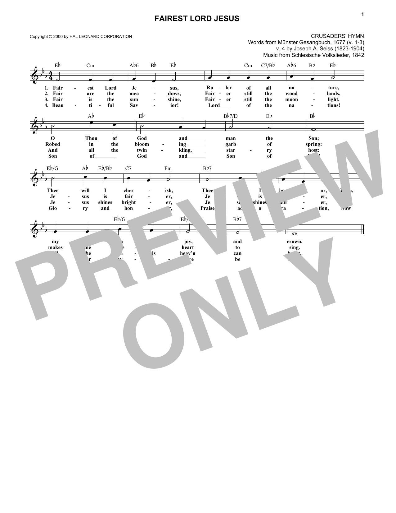 Richard Storrs Willis, arr. Fairest Lord Jesus sheet music notes and chords arranged for Lead Sheet / Fake Book