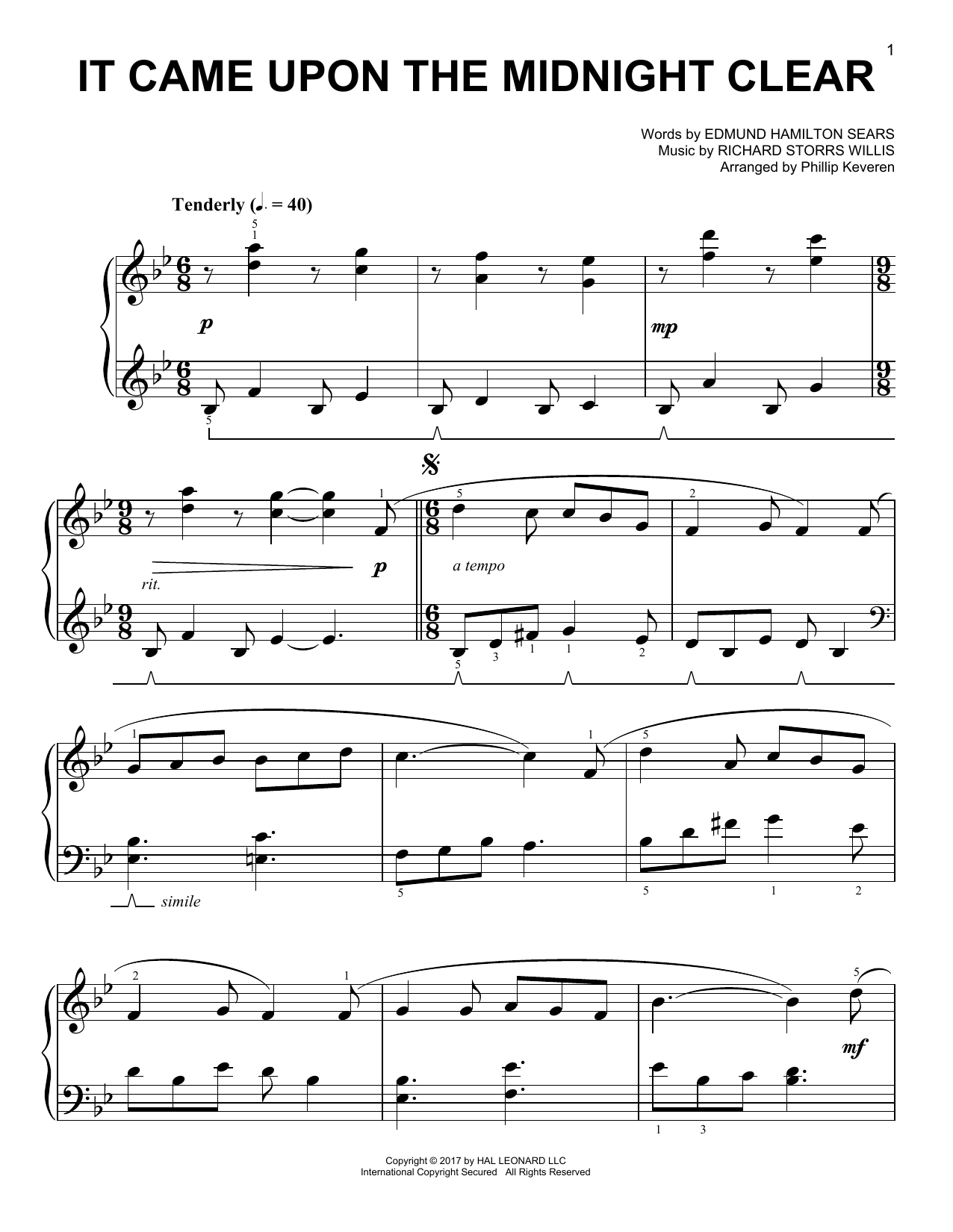 Richard Storrs Willis It Came Upon The Midnight Clear [Classical version] (arr. Phillip Keveren) sheet music notes and chords arranged for Easy Piano