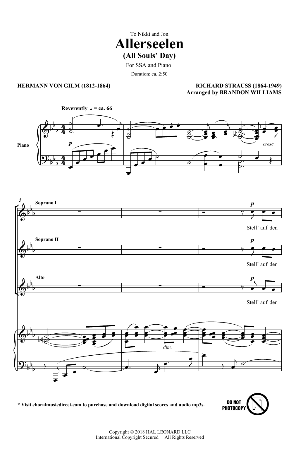 Richard Strauss & Hermann von Gilm Allerseelen (arr. Brandon Williams) sheet music notes and chords arranged for SSA Choir