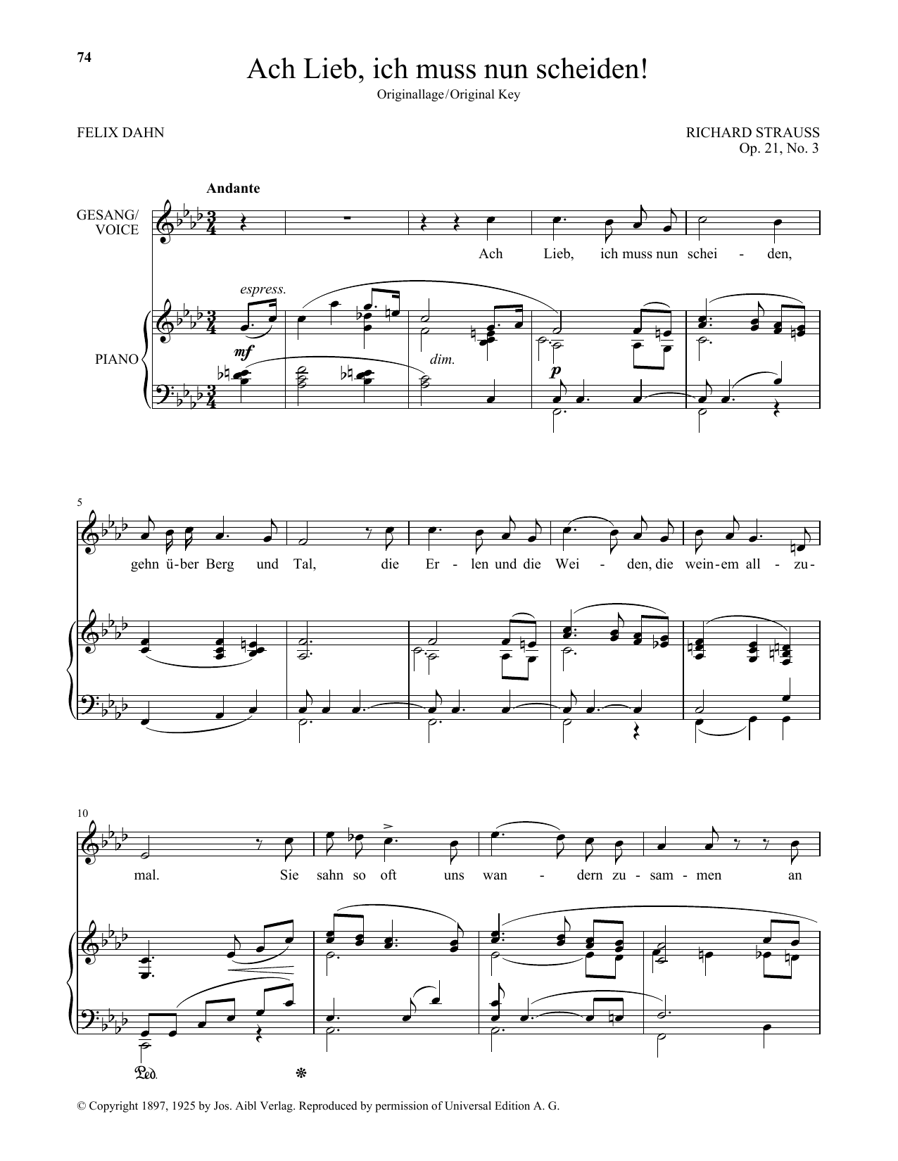 Richard Strauss Ach Lieb, Ich Muss Nun Scheiden! (High Voice) sheet music notes and chords arranged for Piano & Vocal