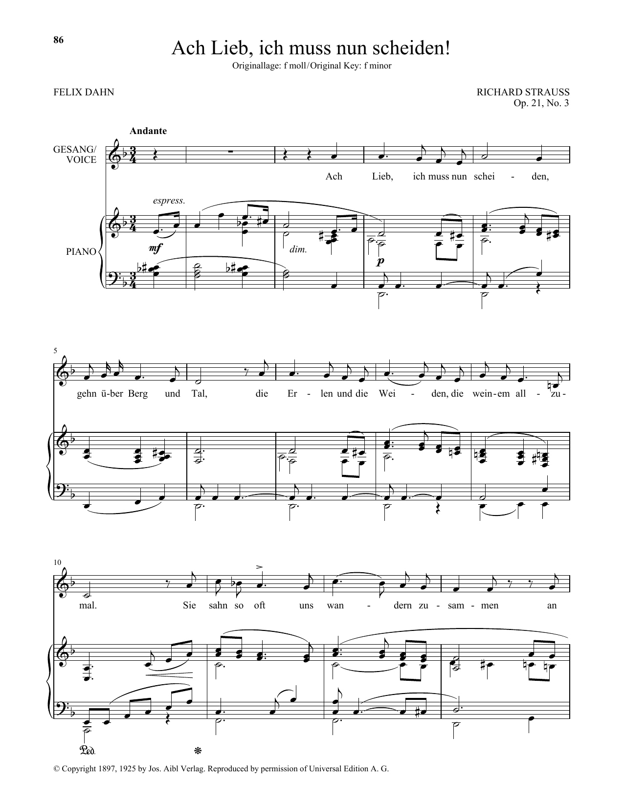 Richard Strauss Ach Lieb, Ich Muss Nun Scheiden! (Low Voice) sheet music notes and chords arranged for Piano & Vocal