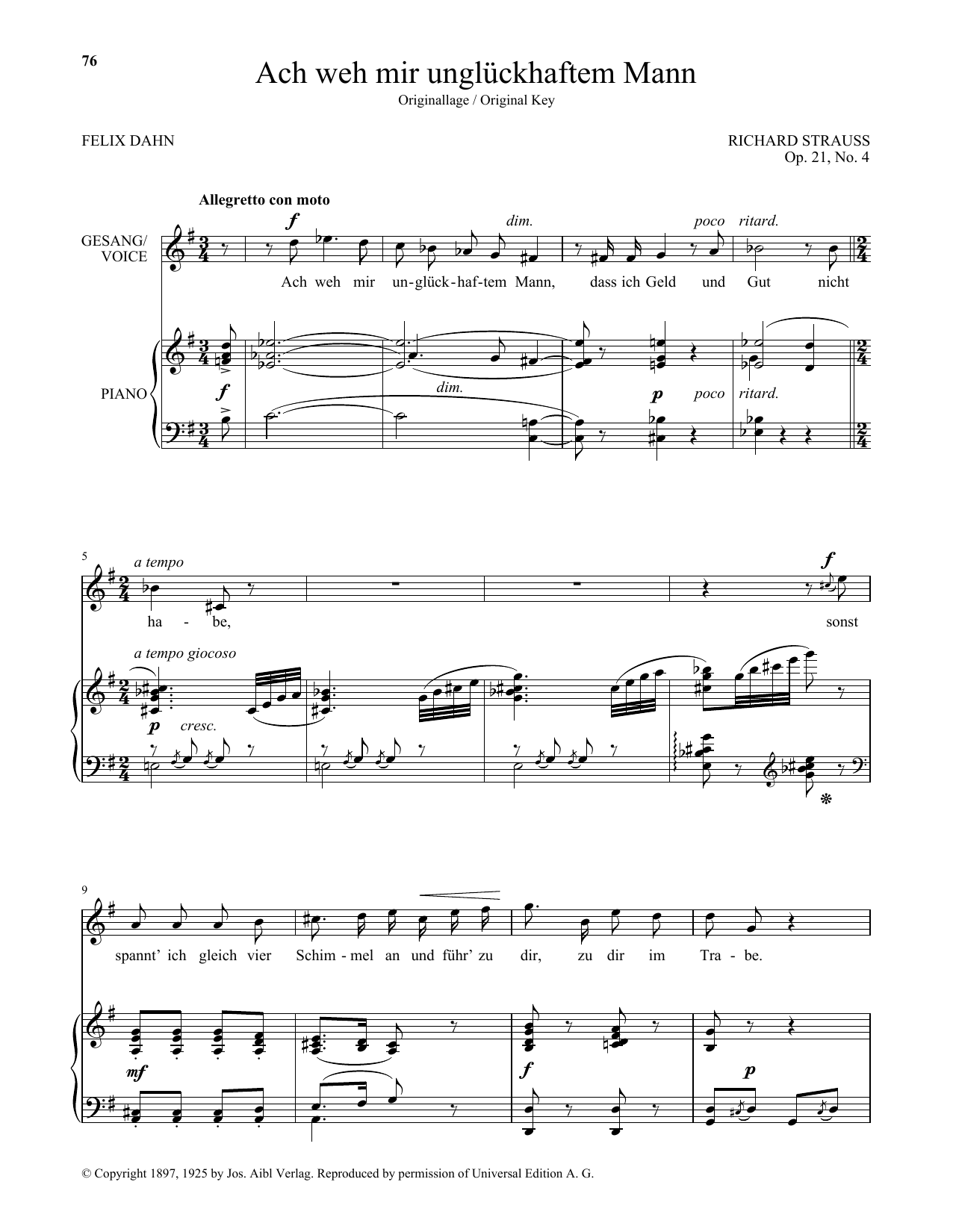 Richard Strauss Ach Weh Mir Ungluckhaftem Mann (High Voice) sheet music notes and chords arranged for Piano & Vocal