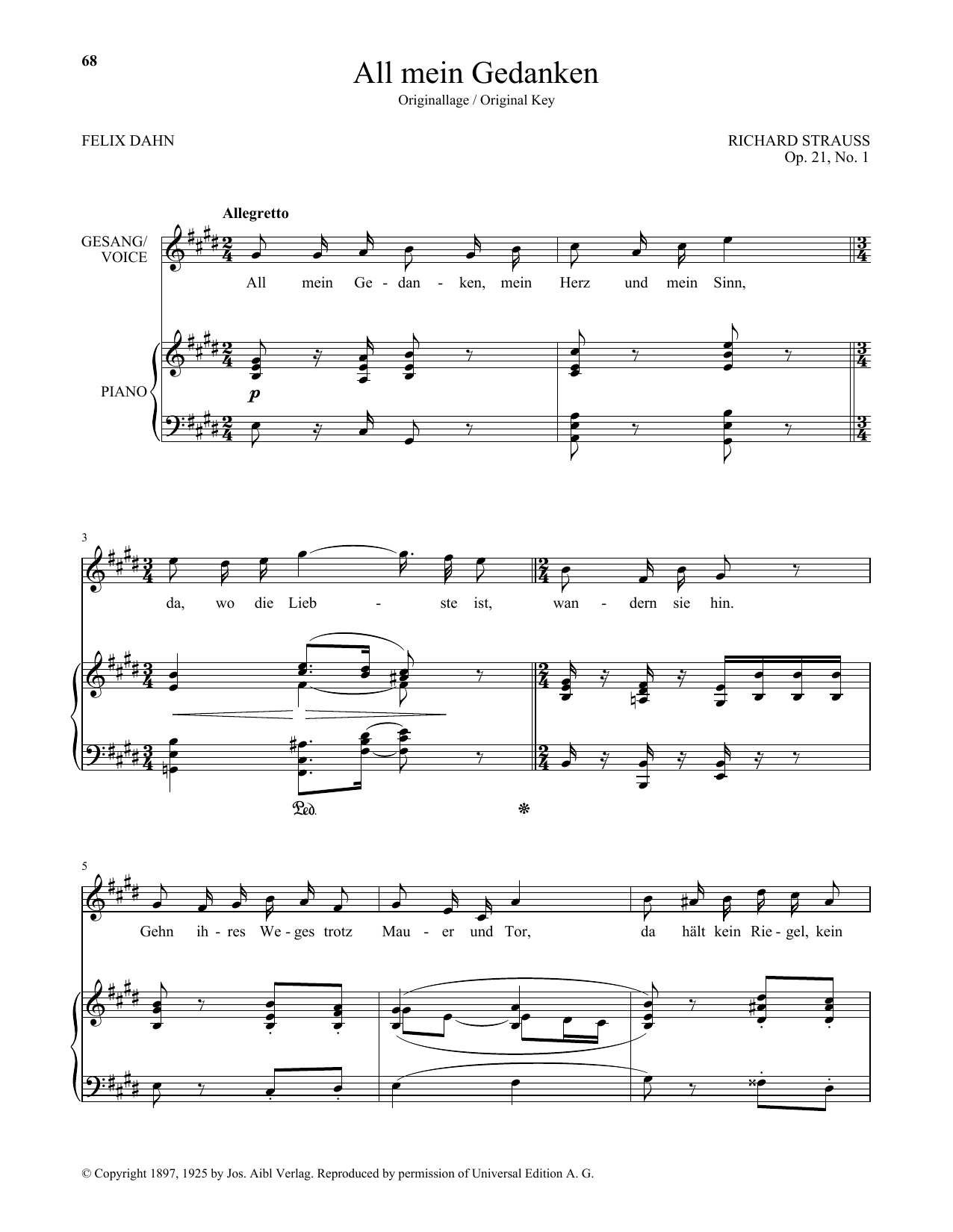 Richard Strauss All Mein Gedanken (High Voice) sheet music notes and chords arranged for Piano & Vocal