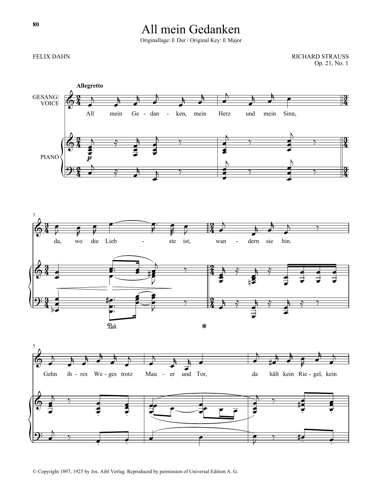 Richard Strauss All Mein Gedanken (Low Voice) sheet music notes and chords arranged for Piano & Vocal