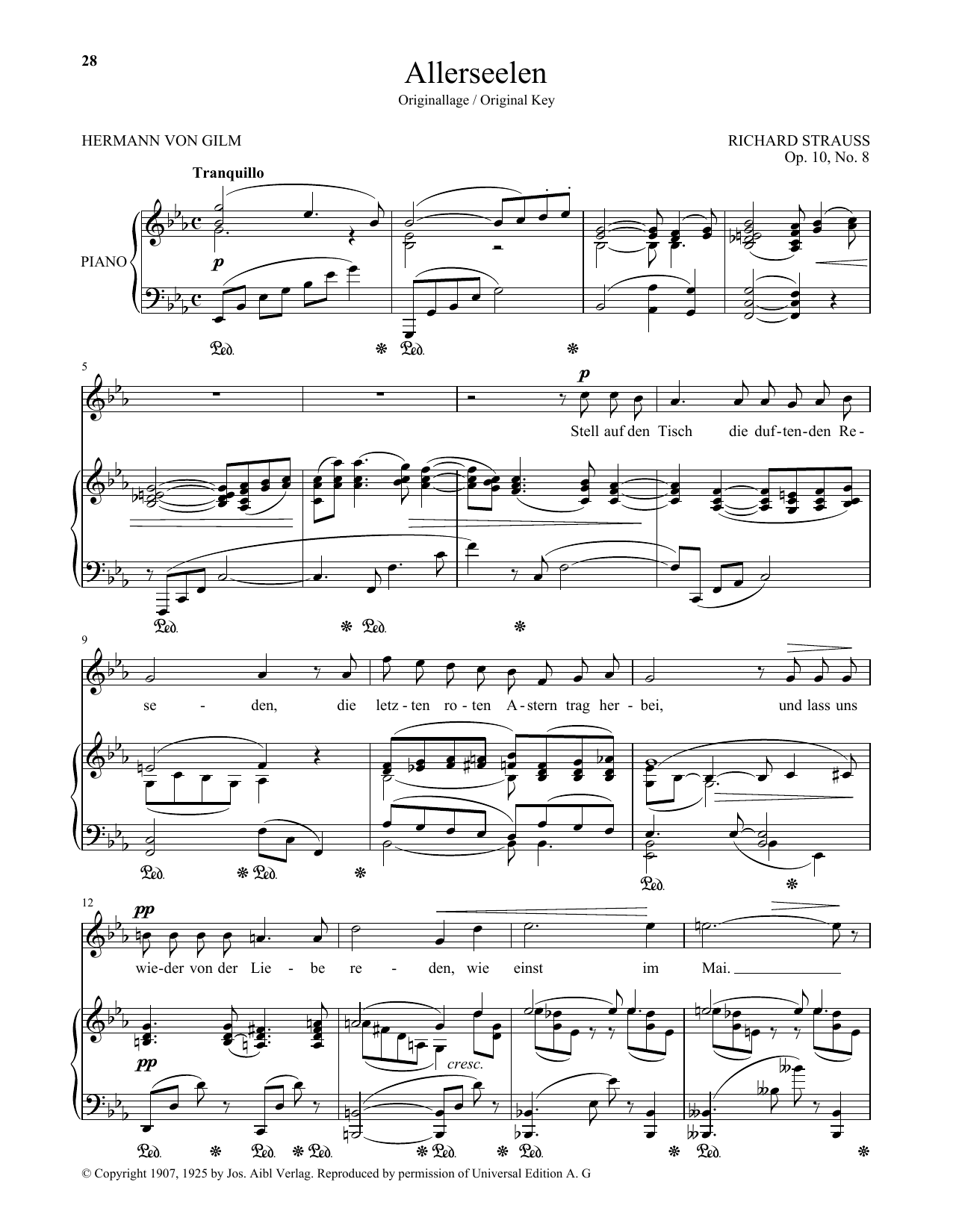 Richard Strauss Allerseelen (High Voice) sheet music notes and chords arranged for Piano & Vocal